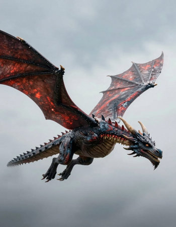 3D rendering of a fantasy dragon isolated on black background with clipping pathの写真素材