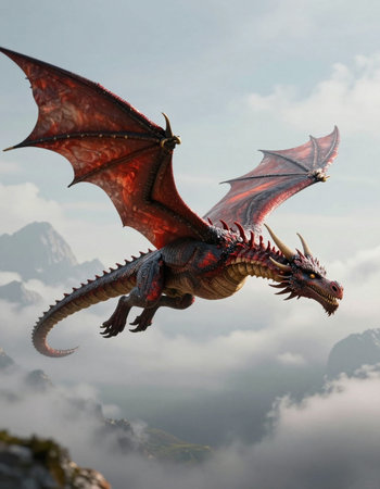 Fantasy dragon flying over the clouds. 3d render illustration.の写真素材