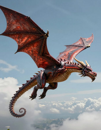 dragon flying in the blue sky with white clouds, closeup of photoの写真素材
