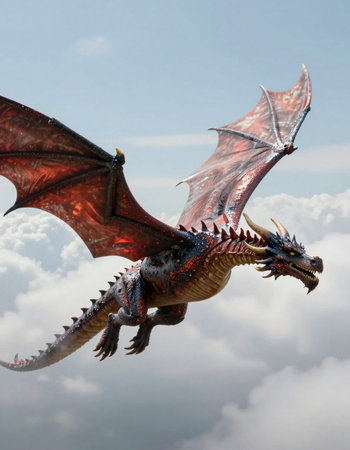 dragon flying in the sky, close-up of a fantasy dragonの写真素材