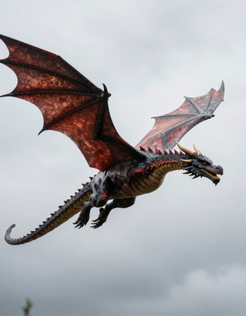 dragon flying in the cloudy sky, close-up of a fantasy dragonの写真素材