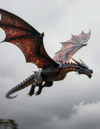 Fantasy dragon flying in a cloudy sky. 3d rendering.の写真素材