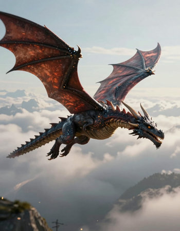 Fantasy dragon flying above the clouds in the sky. 3d renderingの写真素材