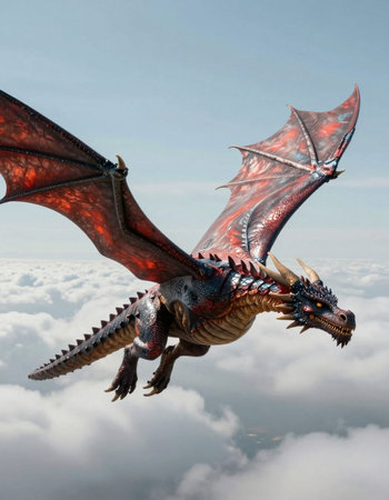 dragon flying above the clouds. 3d render. Fantasy dragon.の写真素材