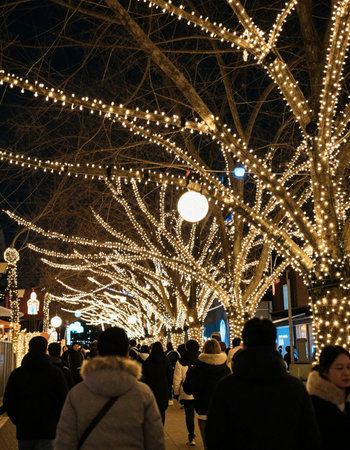 Christmas market in Wroclaw, Poland. Decorated with lights and garlands.の写真素材