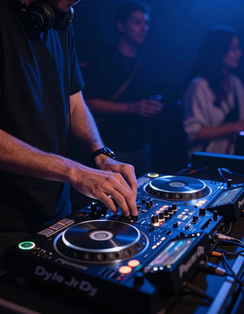 Close-up of a disc jockey mixing music at a nightclubの写真素材