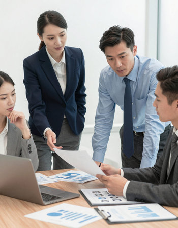 Business people discussing the charts and graphs showing the results of their successful teamwork
