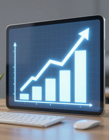 Laptop screen with stock market graph on it. 3D rendering.の写真素材