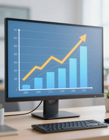Business graph on computer screen in office, stock market analysis concept.の写真素材
