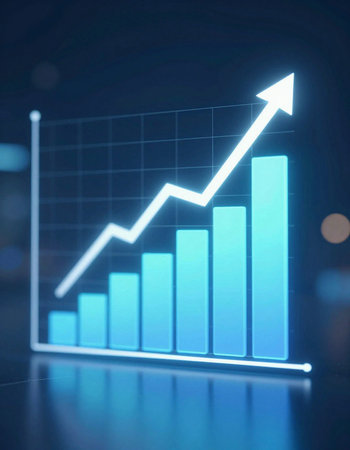 financial graph with arrow up on dark background, business and finance conceptの写真素材