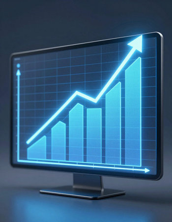 Growing graph on a computer monitor screen, 3d rendering. Computer digital drawing.の写真素材