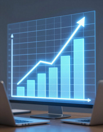 Stock market chart on desktop office computer background. Double exposure. Concept of financial analysis.の写真素材