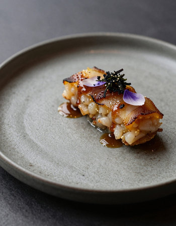 japanese cuisine. Grilled squid on a gray plate.の写真素材