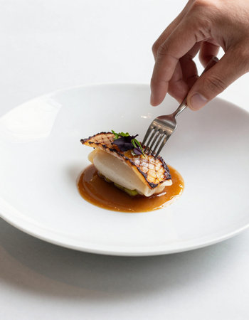 Grilled fish fillet with caramel sauce on a white plate.の写真素材