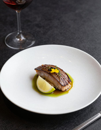 Fried mackerel fillet with lemon and herbs on white plateの写真素材