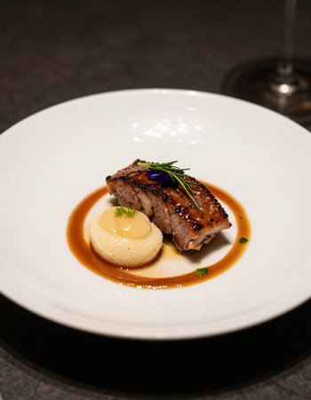 roasted duck fillet with mashed potatoes on white plate in restaurantの写真素材