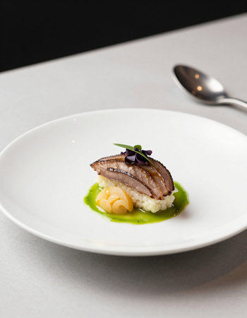 salmon carpaccio with mashed potato and sauce on white plateの写真素材