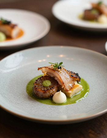 Fried scallops with green sauce on white plateの写真素材