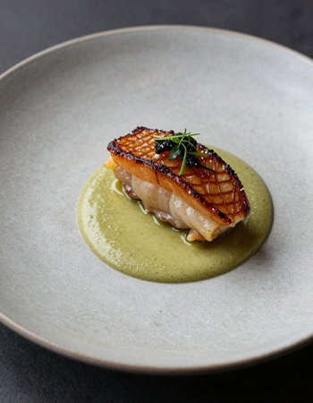 Grilled salmon fillet with green pea puree in a plateの写真素材