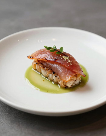 Salmon sushi on a white plate with green sauce, selective focusの写真素材