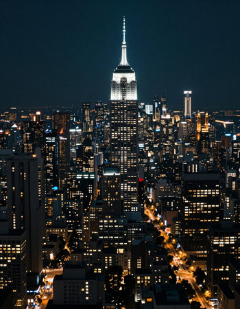 New York City skyline with Empire State Building at night, USA.の写真素材