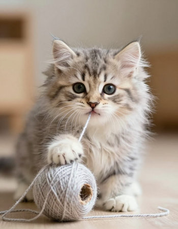 Cute siberian kitten playing with a ball of yarn.の写真素材