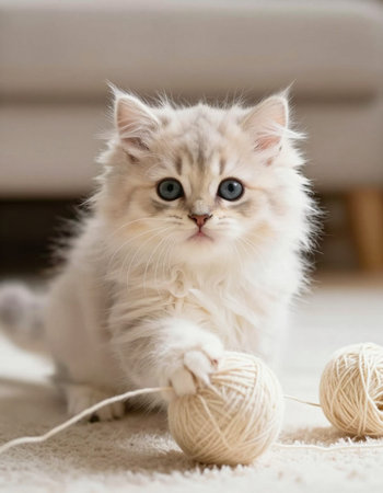Persian kitten playing with ball of yarn at home, stock photoの写真素材
