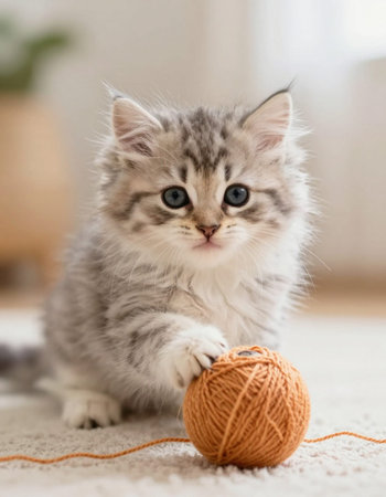 Cute little tabby kitten playing with ball of yarn at homeの写真素材