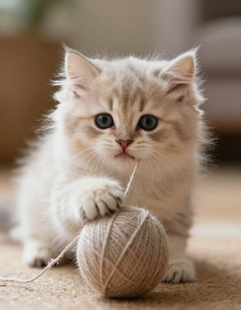 Cute kitten playing with a ball of yarn on the carpet at homeの写真素材