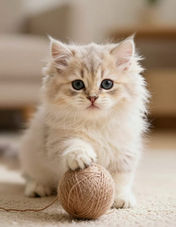 Cute kitten playing with a ball of thread at home, close upの写真素材