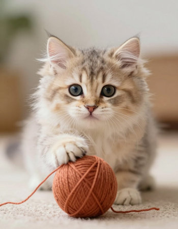 cute little siberian kitten playing with a ball of yarnの写真素材