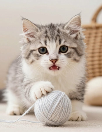Cute tabby kitten playing with ball of yarn on the sofaの写真素材