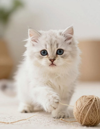 Cute little kitten with blue eyes playing with ball of thread at homeの写真素材