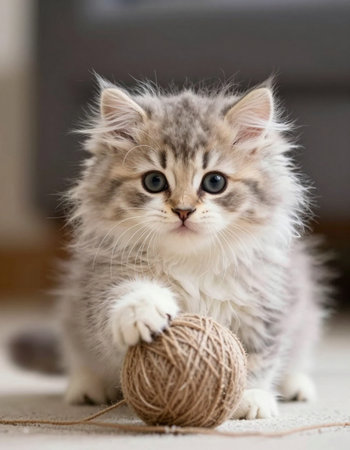 Siberian kitten plays with a ball of yarn. Close-up.の写真素材