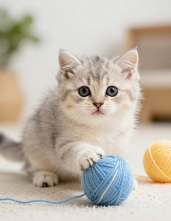 Cute little kitten playing with ball of yarn on carpetの写真素材