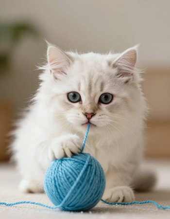 white kitten of siberian breed with blue eyes plays with a ball of yarnの写真素材