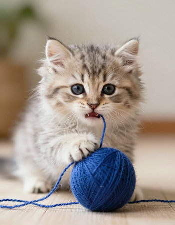 Cute tabby kitten playing with a ball of thread at homeの写真素材