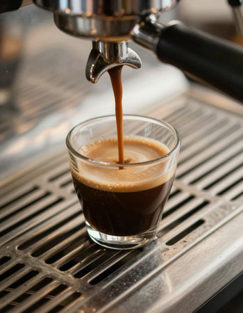 espresso machine making coffee, close up shot, shallow dofの写真素材