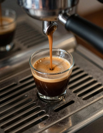 Espresso coffee being poured into a glass from a coffee machine
