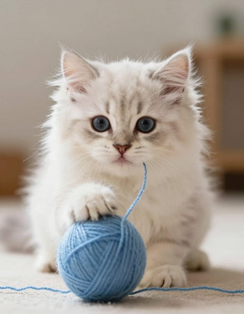 Persian kitten playing with a ball of wool. Cute kittenの写真素材
