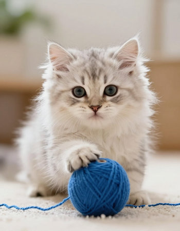 Siberian kitten playing with a ball of yarn on the carpetの写真素材