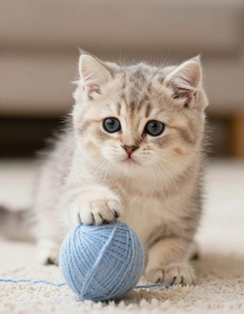 Cute tabby kitten playing with ball of yarn at home.の写真素材