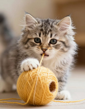 Cute tabby kitten playing with a ball of thread at homeの写真素材