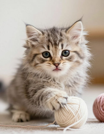 Cute tabby kitten plays with a ball of yarn on a light backgroundの写真素材