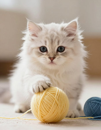 Cute kitten playing with a ball of yarn on the floor at homeの写真素材
