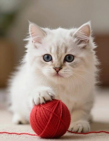 White kitten with blue eyes plays with a red ball of yarn.