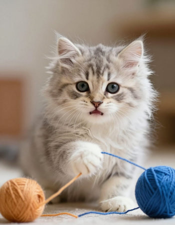 Siberian kitten plays with a ball of yarn. Animal portraitの写真素材