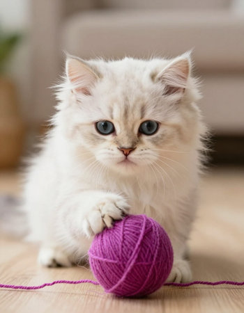 Cute kitten playing with ball of yarn on the floor at homeの写真素材