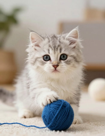 Cute little kitten playing with ball of yarn on carpet at homeの写真素材