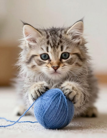 Cute tabby kitten playing with a ball of thread.の写真素材